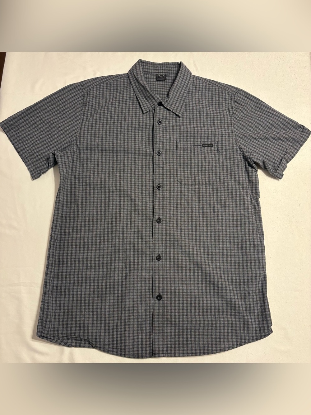Oakley Black and Gray Plaid Short Sleeve Button Up Shirt with Chest Pocket